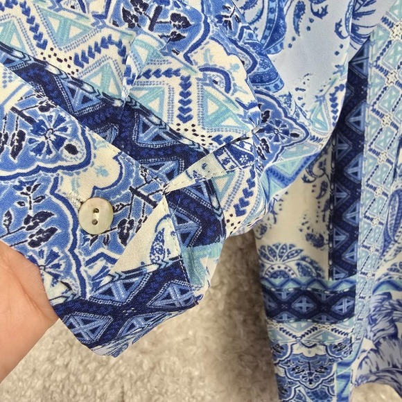 Rose Olive Top Women 2X Blue Button Up Long Sleeve Paisley Patchwork Lightweight - Picture 9 of 13
